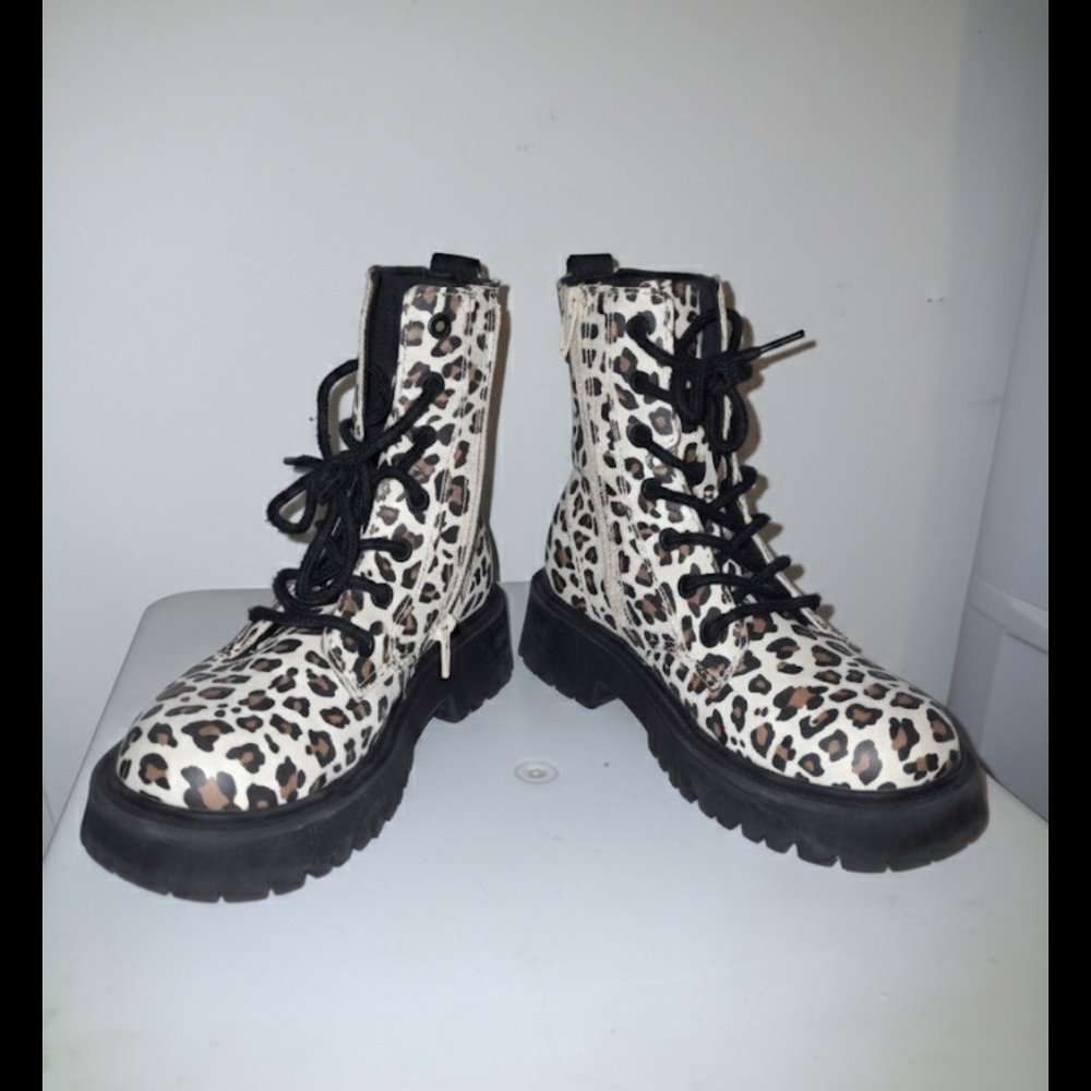 Zara Leopard Print Combat Boots - White, Black, Brown